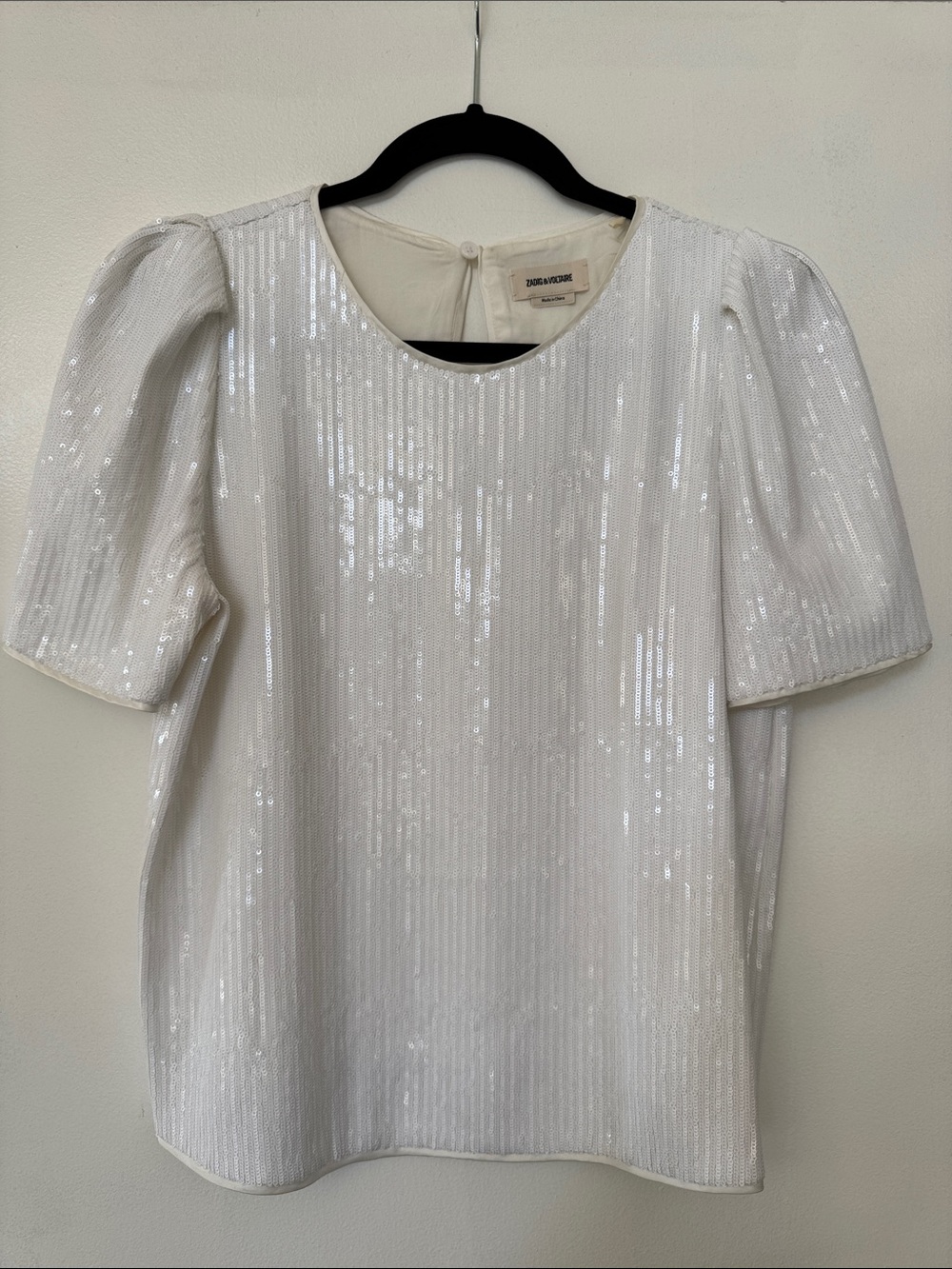 Zadig & Voltaire White Sequin Puff Sleeve Top